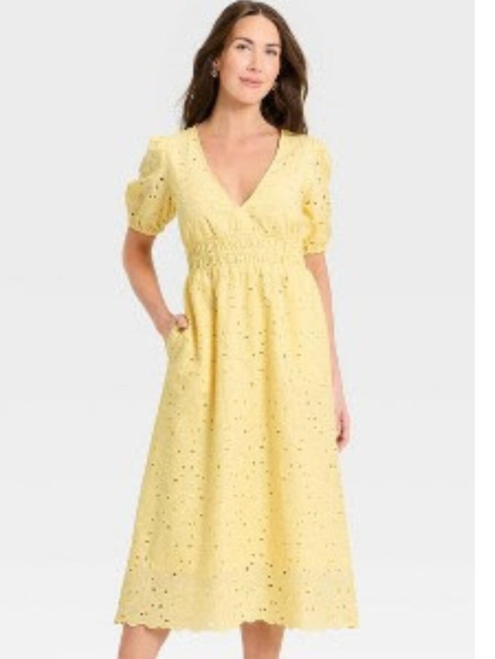 Women's Puff Elbow Sleeve Eyelet Midi Empire Waist Dress - A New Day™ Yellow M